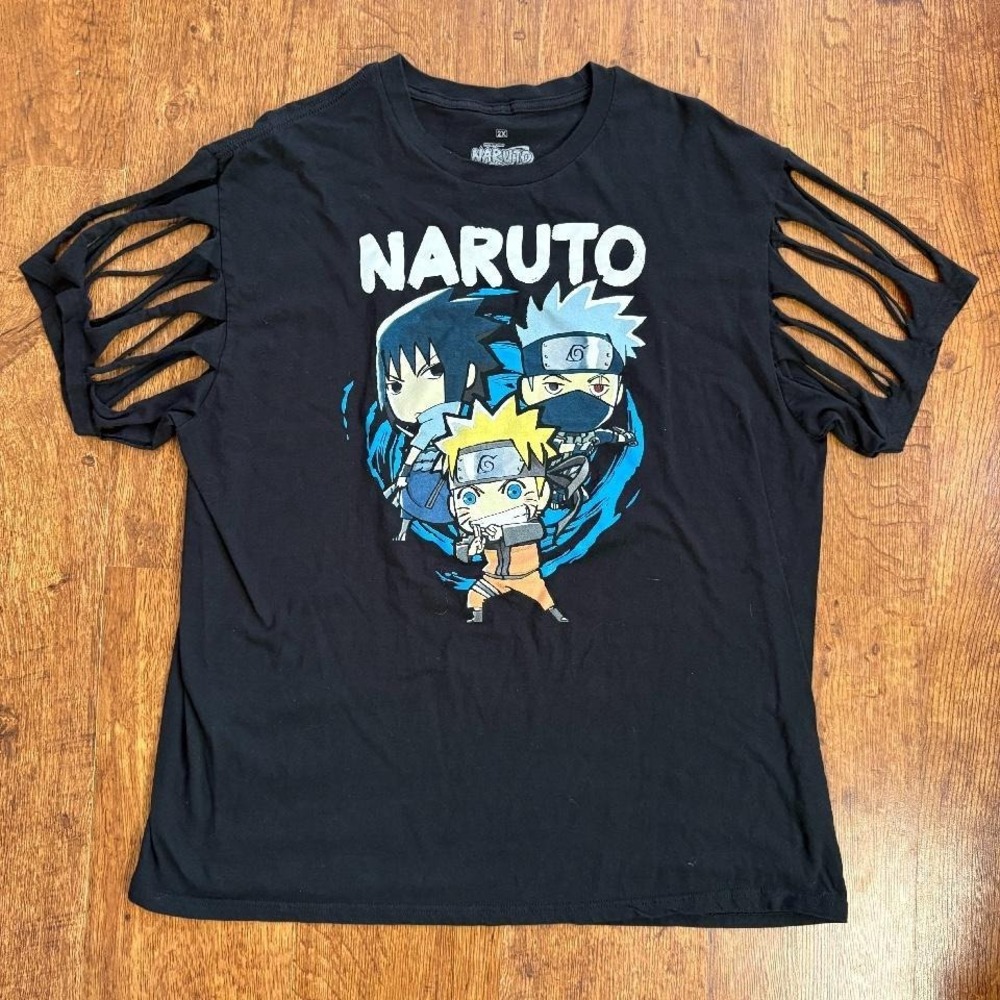 Naruto black custom styled graphic t-shirt with cut out sleeves and mid back